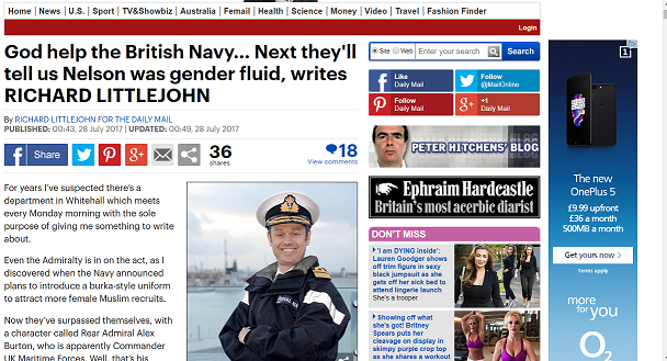 O2 advert on the Daily Mail online article about transgender people in the Navy