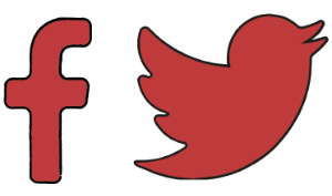 Red, sketched Facebook and Twitter logos