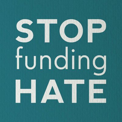 Stop Funding Hate logo: White letters on a green background, reading: "STOP FUNDING HATE"